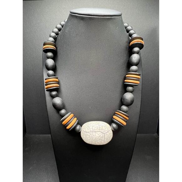 Vintage 1990's Handmade Wooden and Ceramic Beaded Statement Necklace - Picture 1 of 6